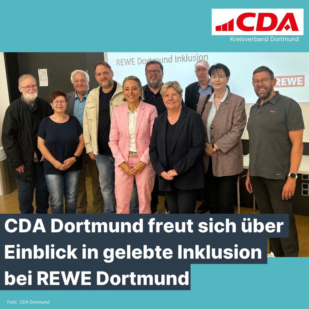 Foto: CDA-Kreisvorsitzenden Claudia Middendorf zusammen mit Melanie Klimpel und Lars S�wolto von der REWE Dortmund Frischelogistik GmbH sowie weitere Vertreterinnen und Vertreten des Kreisvorstands der CDA Dortmund. (Bildrechte: Middendorf)
